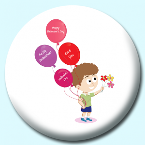 Personalised Badge: 38mm Happy Valentines Day Child Holding Flowers Button Badge. Create your own custom badge - complete the form and we will create your personalised button badge for you.