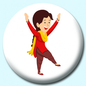 Personalised Badge: 75mm Indian Punjabi Woman Doing Treditional Bhangra Dance India Button Badge. Create your own custom badge - complete the form and we will create your personalised button badge for you.