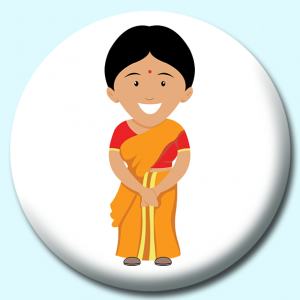 Personalised Badge: 58mm Indian Woman Wearing Sari Treditional Costume India Button Badge. Create your own custom badge - complete the form and we will create your personalised button badge for you.