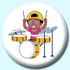 Personalised Badge: 38mm Kid Musician Playing Acoustic Drums Cymbals Button Badge. Create your own custom badge - complete the form and we will create your personalised button badge for you.