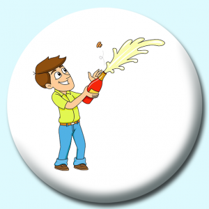 Personalised Badge: 38mm Man Opening Up A Champagne Bottle As It Sprays Button Badge. Create your own custom badge - complete the form and we will create your personalised button badge for you.