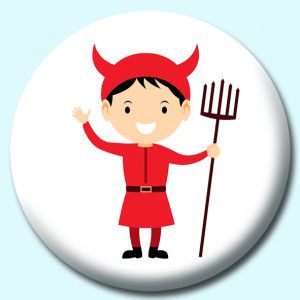 Personalised Badge: 38mm Red Devil With Pitchfork Costume Button Badge. Create your own custom badge - complete the form and we will create your personalised button badge for you.