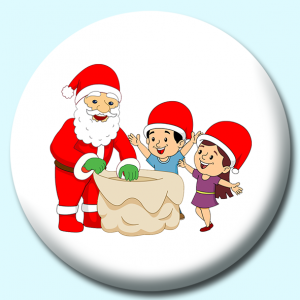 Personalised Badge: 25mm Santa Giving Gifts To Happy Children Button Badge. Create your own custom badge - complete the form and we will create your personalised button badge for you.