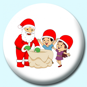 Personalised Badge: 58mm Santa Giving Gifts To Happy Children Button Badge. Create your own custom badge - complete the form and we will create your personalised button badge for you.