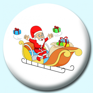 Personalised Badge: 25mm Santa Throwing Gifts Down From Sleigh Button Badge. Create your own custom badge - complete the form and we will create your personalised button badge for you.