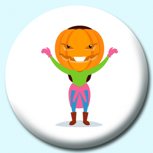 Personalised Badge: 38mm Scary Pumpkin Mask On Head Button Badge. Create your own custom badge - complete the form and we will create your personalised button badge for you.