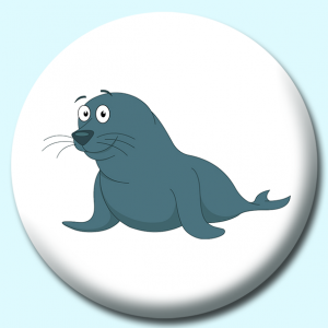 Personalised Badge: 58mm Smiling Gray Seal Character Button Badge. Create your own custom badge - complete the form and we will create your personalised button badge for you.