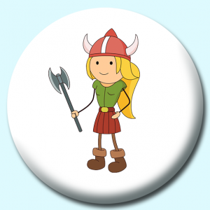 Personalised Badge: 38mm Viking Girl With Helmet Axe Button Badge. Create your own custom badge - complete the form and we will create your personalised button badge for you.