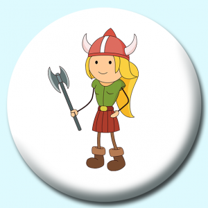 Personalised Badge: 58mm Viking Girl With Helmet Axe Button Badge. Create your own custom badge - complete the form and we will create your personalised button badge for you.