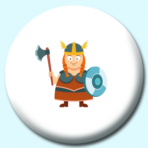 Personalised Badge: 38mm Viking Lady Warrior With Shield And Axe Vikings Button Badge. Create your own custom badge - complete the form and we will create your personalised button badge for you.