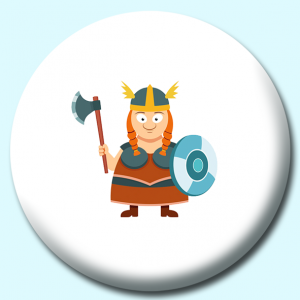 Personalised Badge: 58mm Viking Lady Warrior With Shield And Axe Vikings Button Badge. Create your own custom badge - complete the form and we will create your personalised button badge for you.