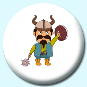 Personalised Badge: 38mm Viking With Spiked Hammer Or Flail And Wooden Shield Button Badge. Create your own custom badge - complete the form and we will create your personalised button badge for you.