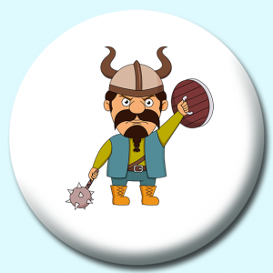 Personalised Badge: 58mm Viking With Spiked Hammer Or Flail And Wooden Shield Button Badge. Create your own custom badge - complete the form and we will create your personalised button badge for you.