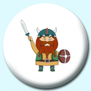 Personalised Badge: 58mm Viking With Sword And Wooden Shield Button Badge. Create your own custom badge - complete the form and we will create your personalised button badge for you.